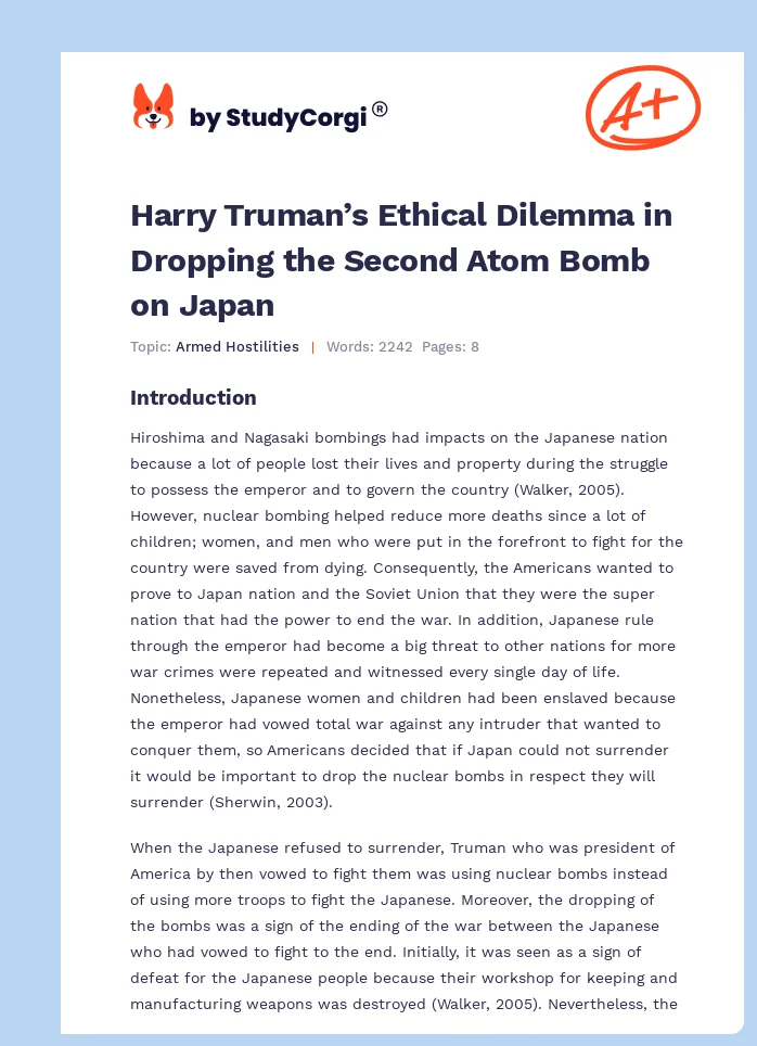 Harry Truman’s Ethical Dilemma in Dropping the Second Atom Bomb on Japan. Page 1