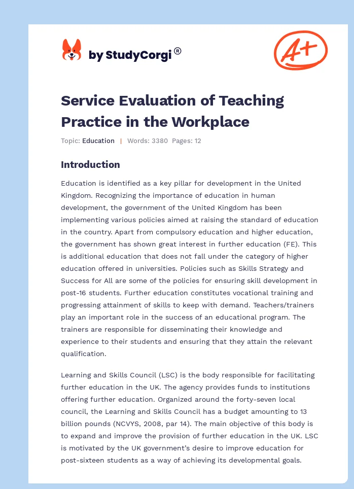 Service Evaluation of Teaching Practice in the Workplace. Page 1
