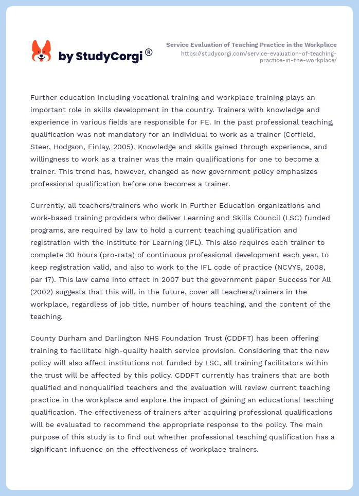 Service Evaluation of Teaching Practice in the Workplace. Page 2