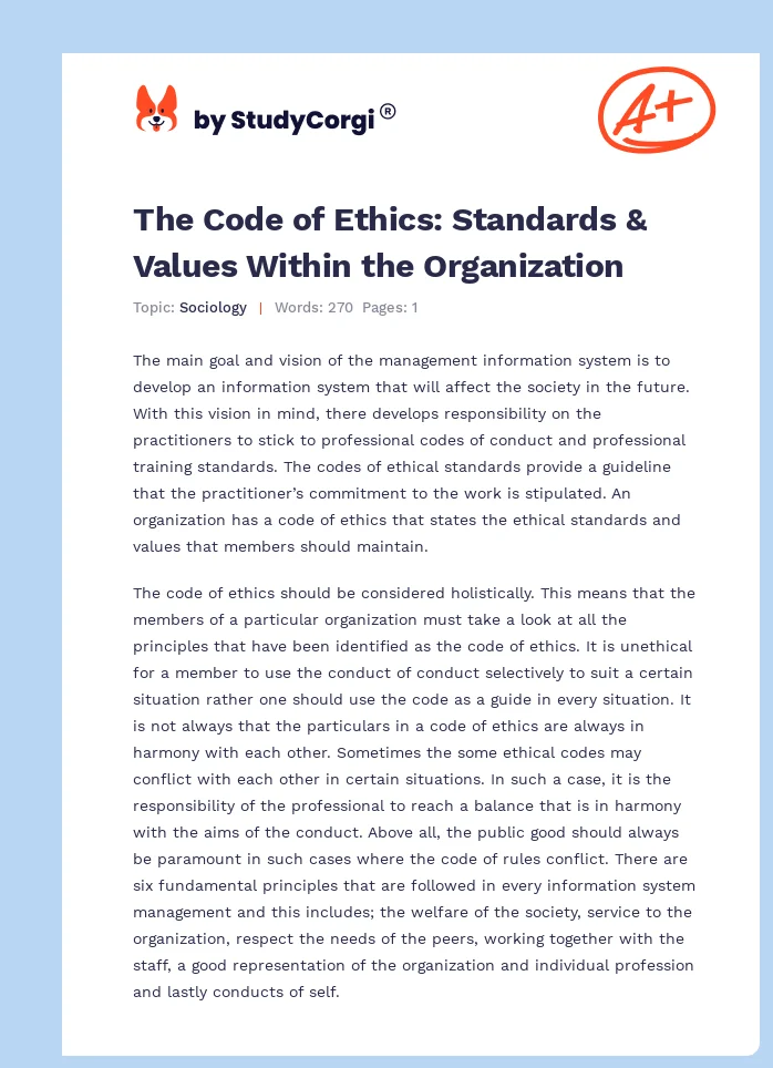 The Code of Ethics: Standards & Values Within the Organization. Page 1