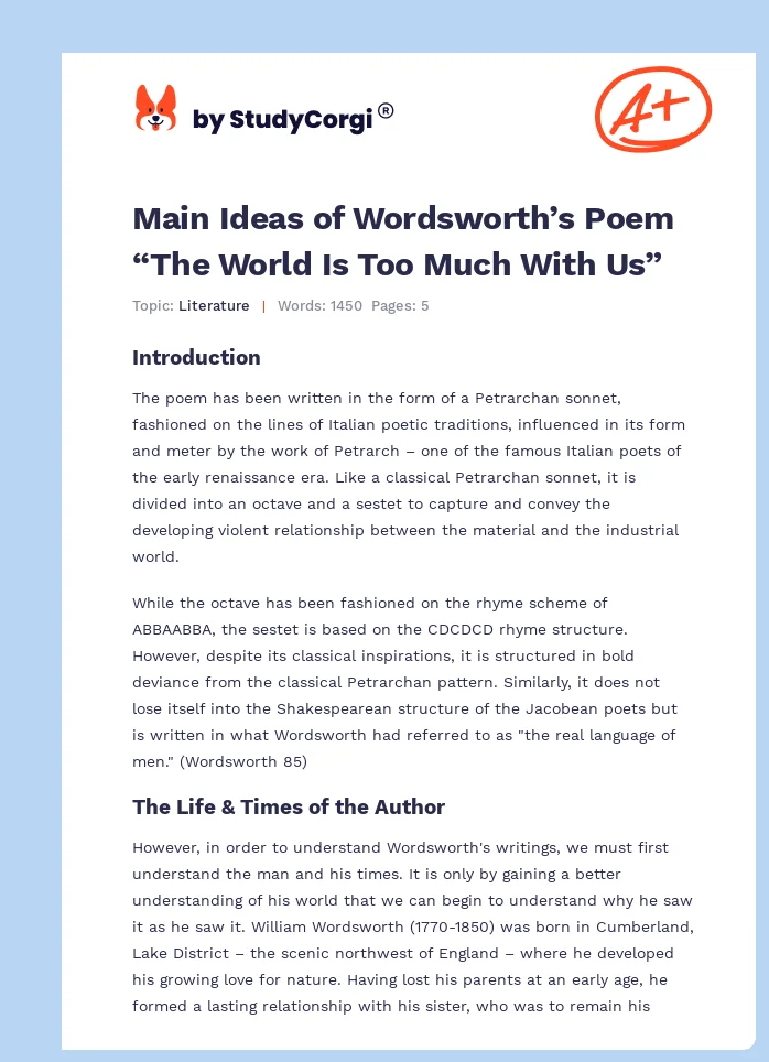 Main Ideas of Wordsworth’s Poem “The World Is Too Much With Us”. Page 1