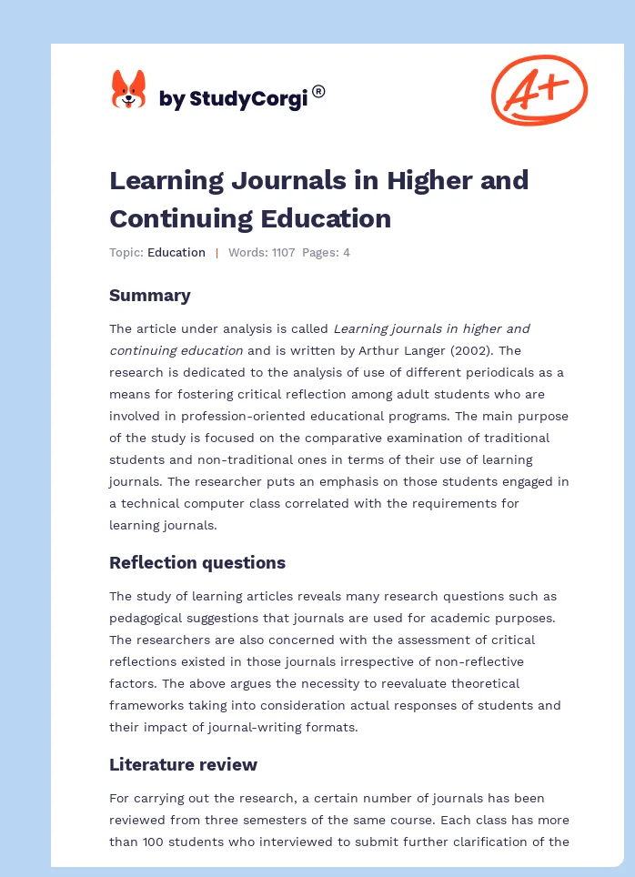 Learning Journals in Higher and Continuing Education. Page 1
