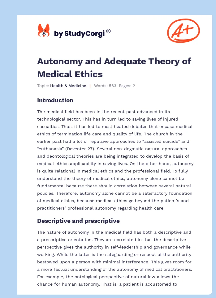 Autonomy and Adequate Theory of Medical Ethics. Page 1