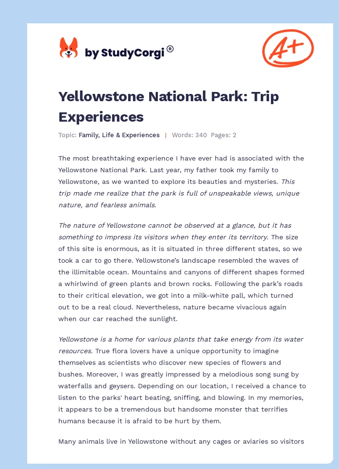 Yellowstone National Park: Trip Experiences. Page 1