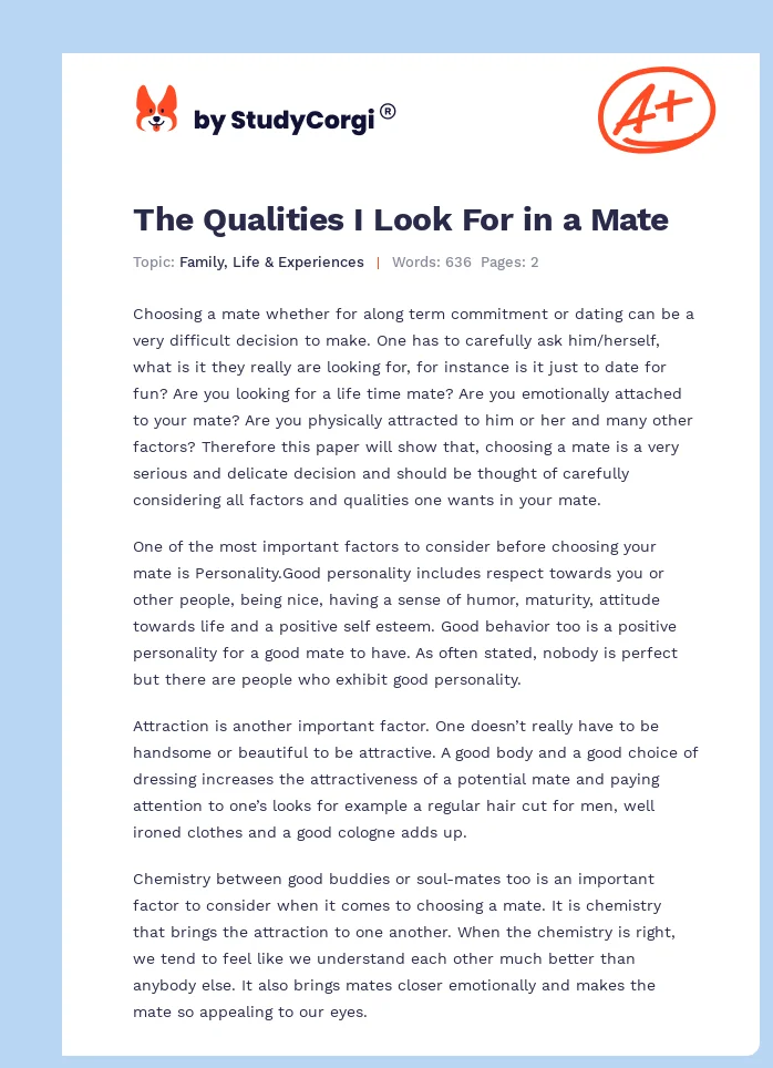 The Qualities I Look For in a Mate. Page 1