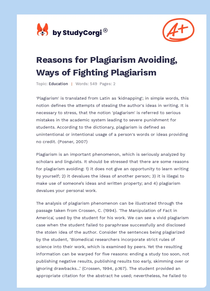 Reasons for Plagiarism Avoiding, Ways of Fighting Plagiarism. Page 1