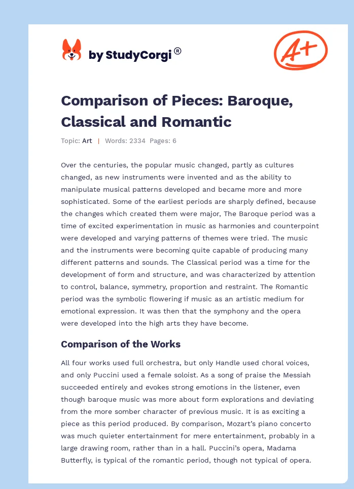 Comparison of Pieces: Baroque, Classical and Romantic. Page 1