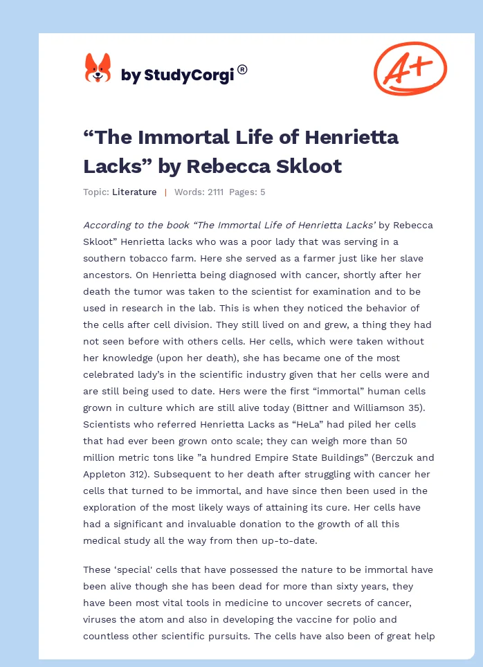“The Immortal Life of Henrietta Lacks” by Rebecca Skloot. Page 1