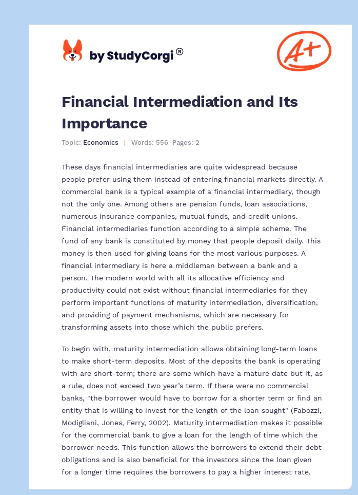 Financial Intermediation and Its Importance. Page 1