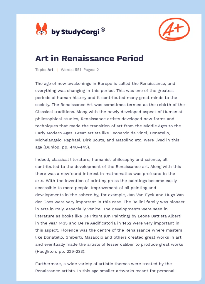 Art in Renaissance Period. Page 1