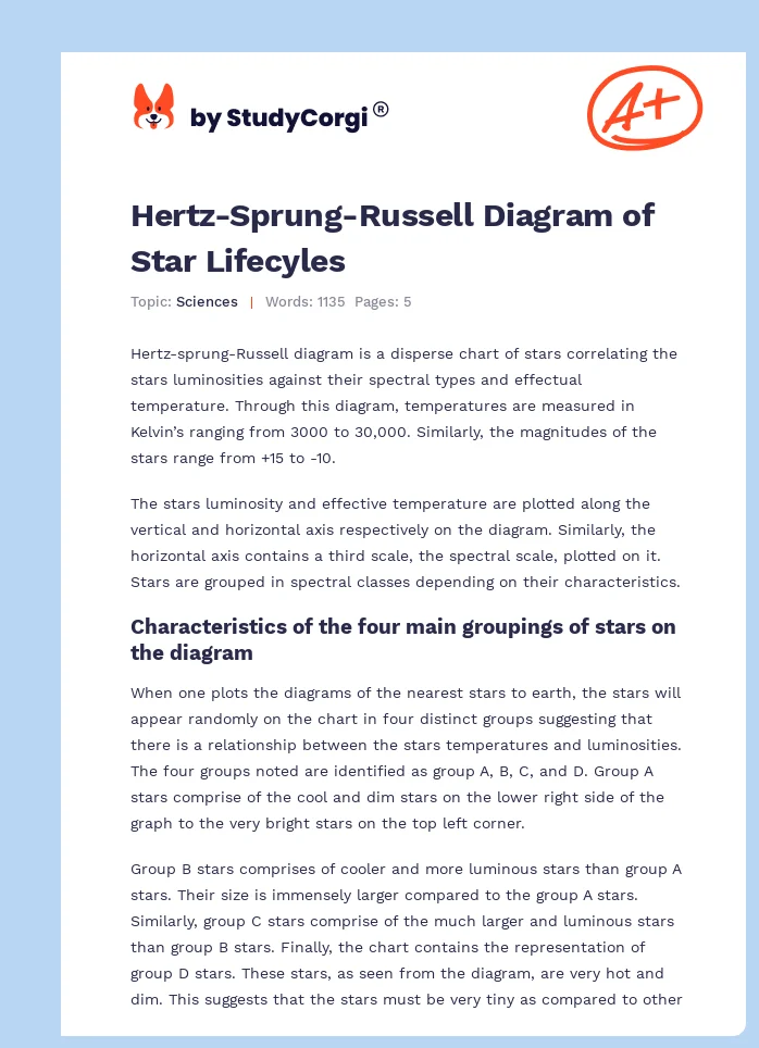 Hertz-Sprung-Russell Diagram of Star Lifecyles. Page 1