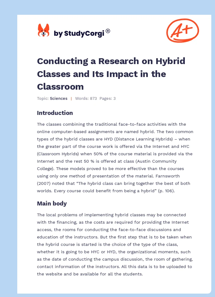 Conducting a Research on Hybrid Classes and Its Impact in the Classroom. Page 1