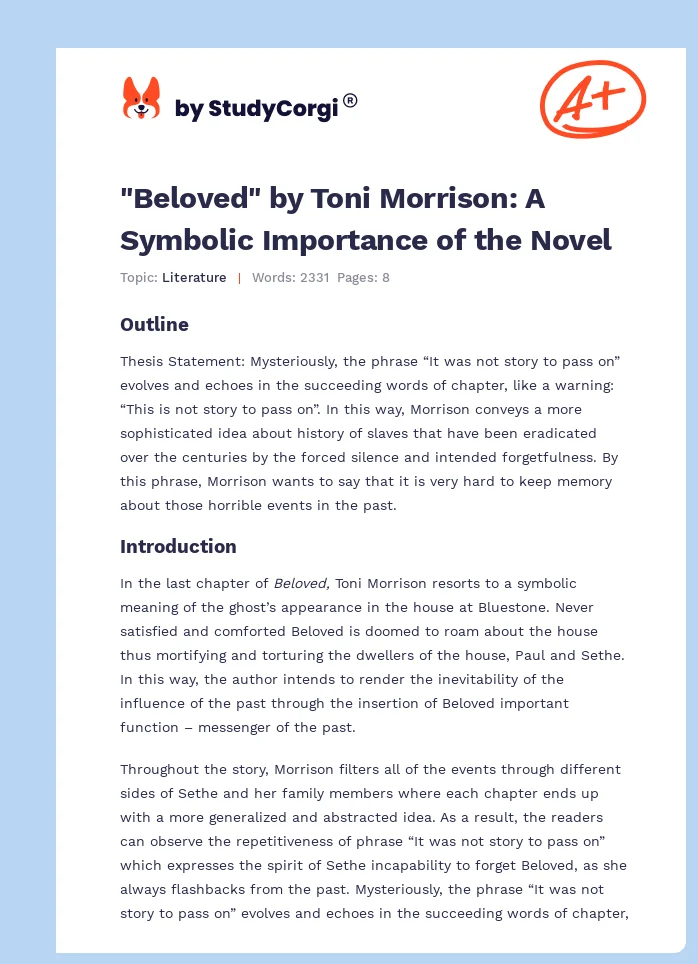 "Beloved" by Toni Morrison: A Symbolic Importance of the Novel. Page 1