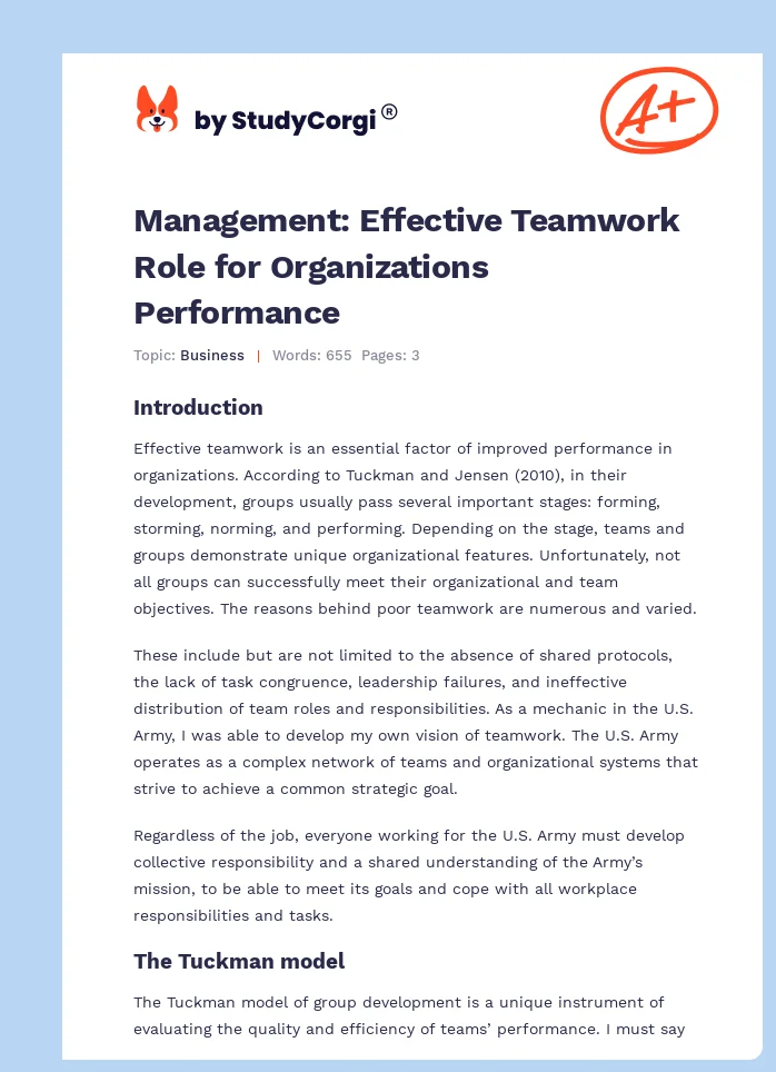 Management: Effective Teamwork Role for Organizations Performance. Page 1