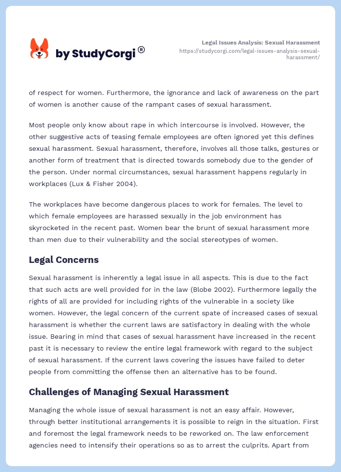 Legal Issues Analysis: Sexual Harassment. Page 2