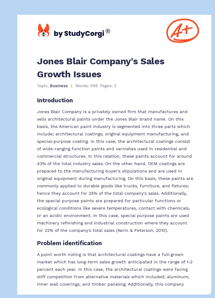 Jones Blair Company's Sales Growth Issues. Page 1