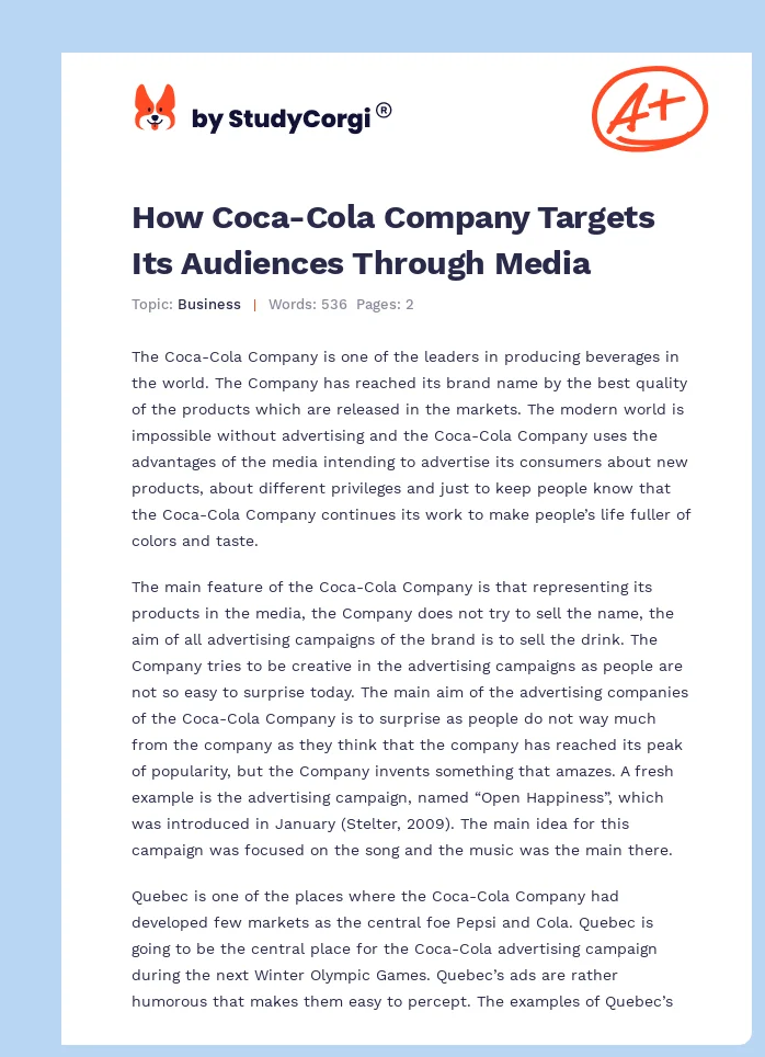 How Coca-Cola Company Targets Its Audiences Through Media. Page 1