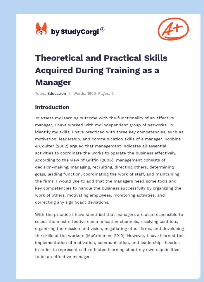Theoretical and Practical Skills Acquired During Training as a Manager. Page 1