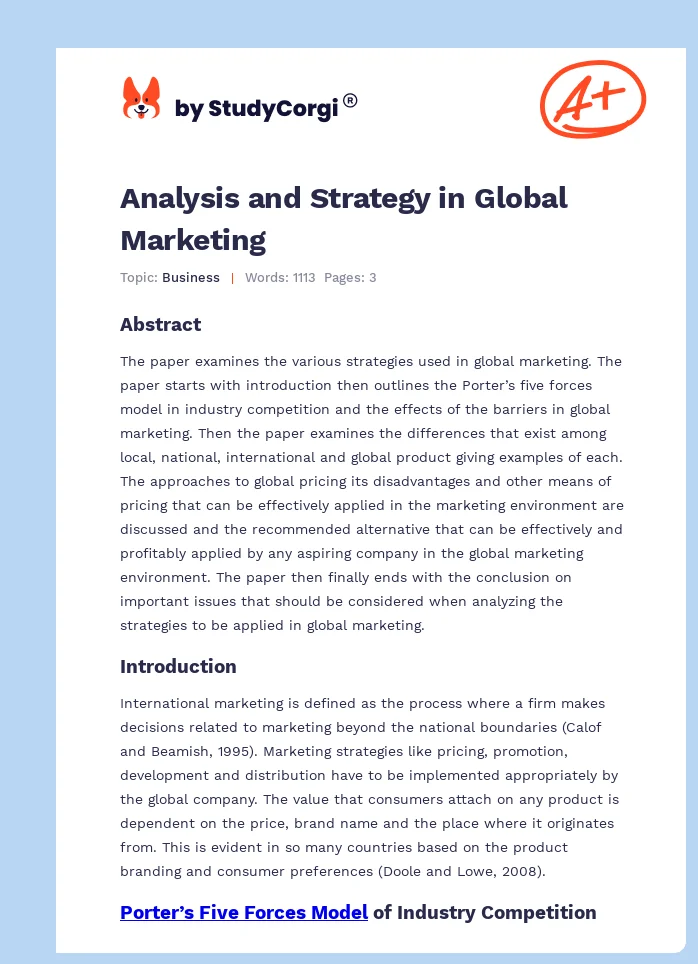 Analysis and Strategy in Global Marketing. Page 1