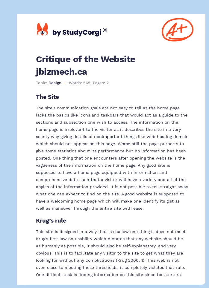 Critique of the Website jbizmech.ca. Page 1