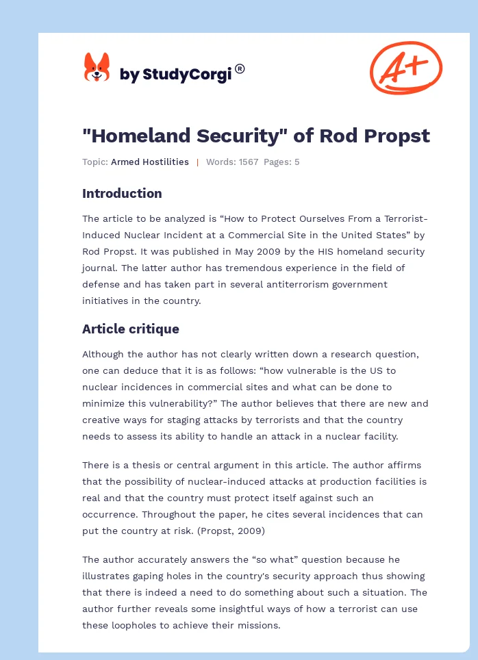 "Homeland Security" of Rod Propst. Page 1