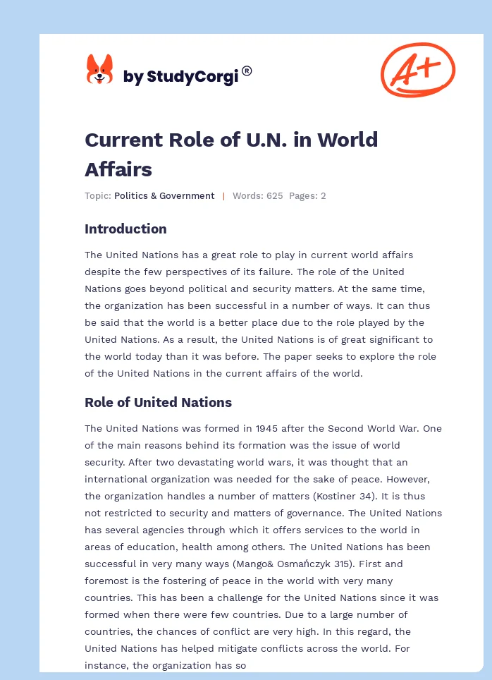 Current Role of U.N. in World Affairs. Page 1
