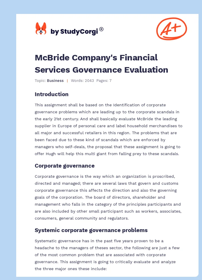 McBride Company's Financial Services Governance Evaluation. Page 1
