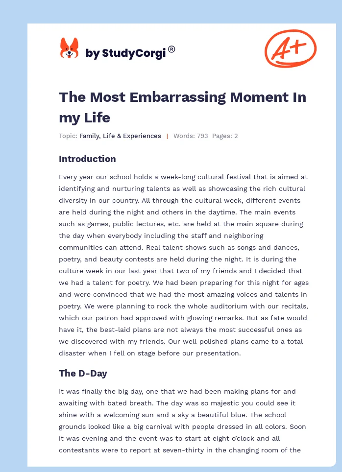 most embarrassing moment in my life essay