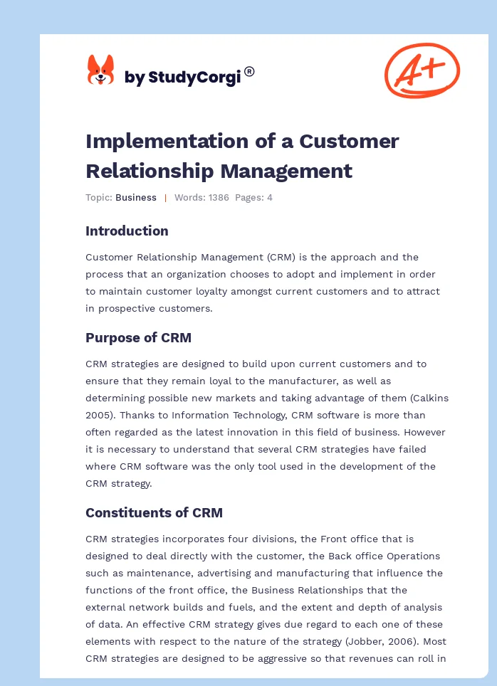 Implementation of a Customer Relationship Management. Page 1