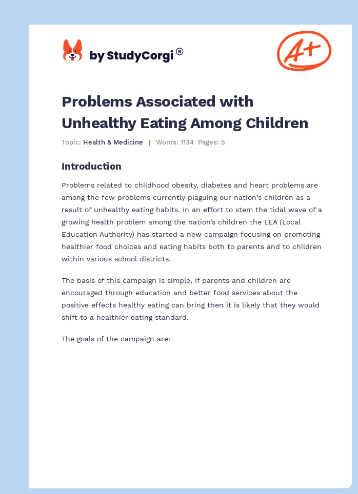 Problems Associated with Unhealthy Eating Among Children. Page 1