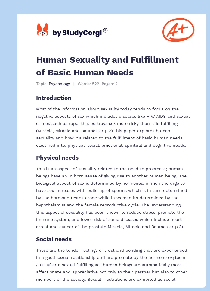 Human Sexuality and Fulfillment of Basic Human Needs. Page 1
