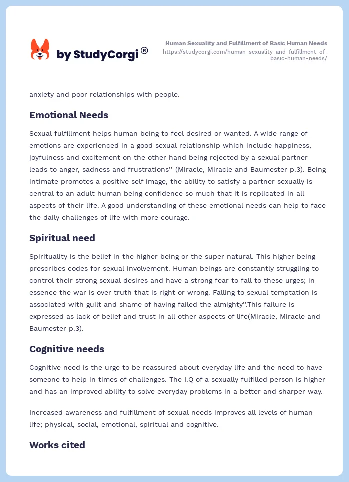 Human Sexuality and Fulfillment of Basic Human Needs. Page 2