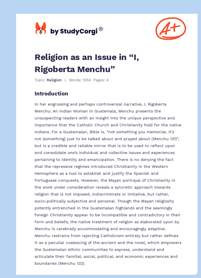 Religion as an Issue in “I, Rigoberta Menchu”. Page 1