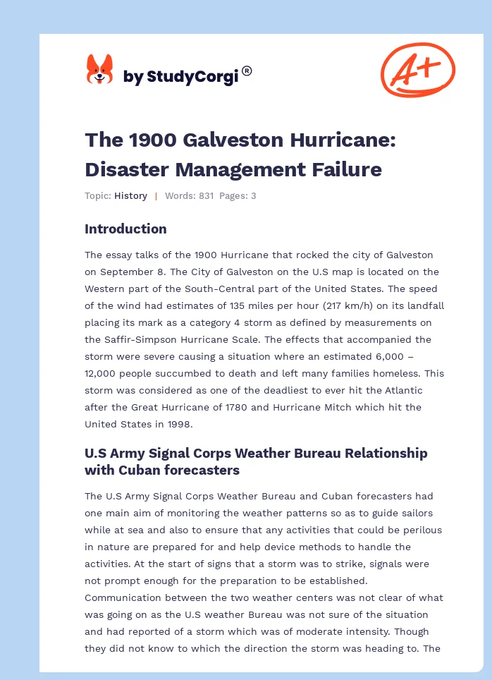 The 1900 Galveston Hurricane: Disaster Management Failure. Page 1