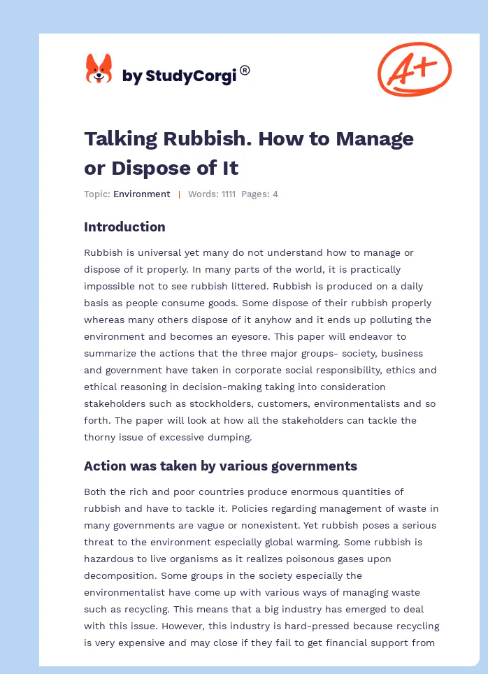 Talking Rubbish. How to Manage or Dispose of It. Page 1
