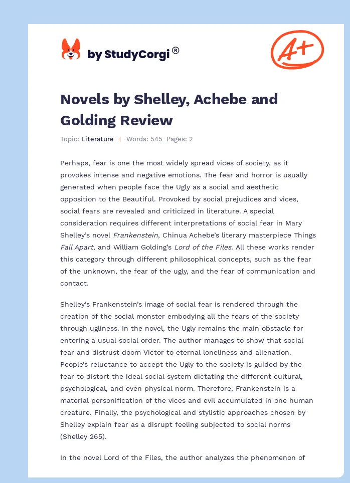 Novels by Shelley, Achebe and Golding Review. Page 1