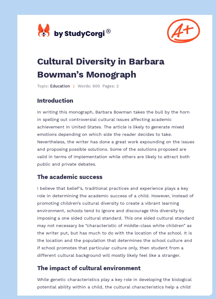 Cultural Diversity in Barbara Bowman’s Monograph. Page 1