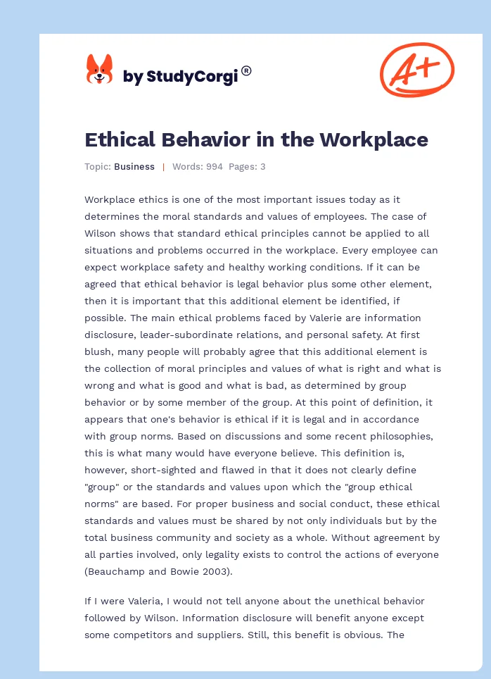 Ethical Behavior in the Workplace. Page 1
