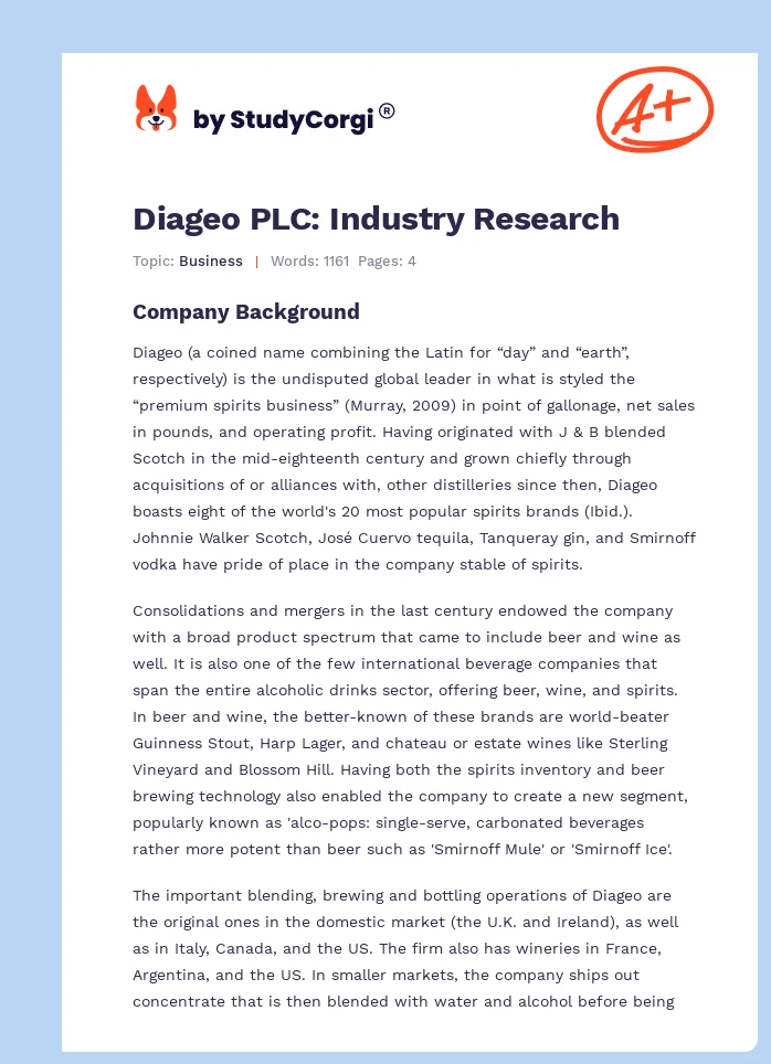 Diageo PLC: Industry Research. Page 1