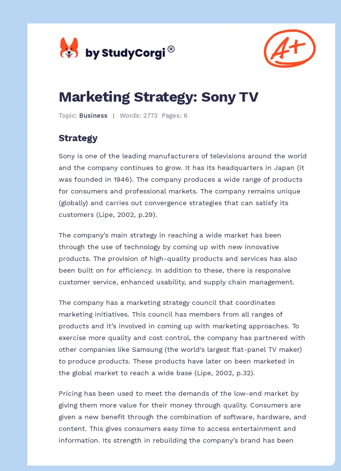 Marketing Strategy: Sony TV. Page 1