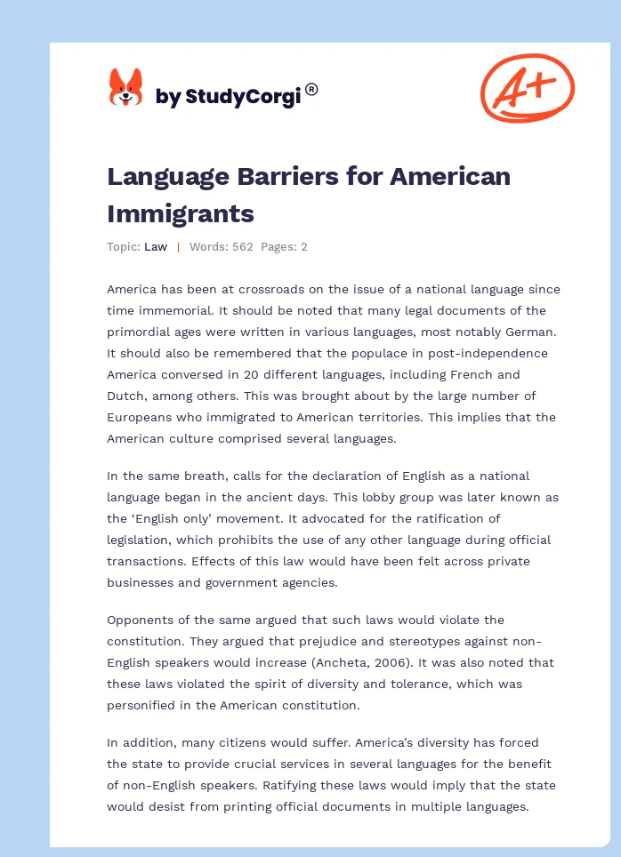 Language Barriers for American Immigrants. Page 1