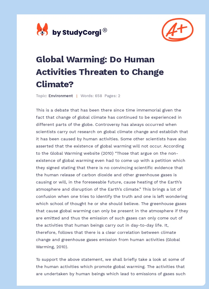 Global Warming: Do Human Activities Threaten to Change Climate?. Page 1
