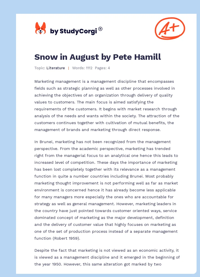 Snow in August by Pete Hamill. Page 1