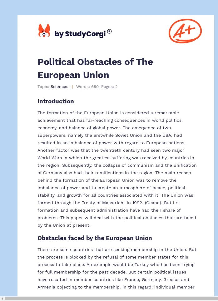 Political Obstacles of The European Union. Page 1