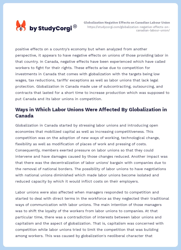 Globalization Negative Effects on Canadian Labour Union. Page 2
