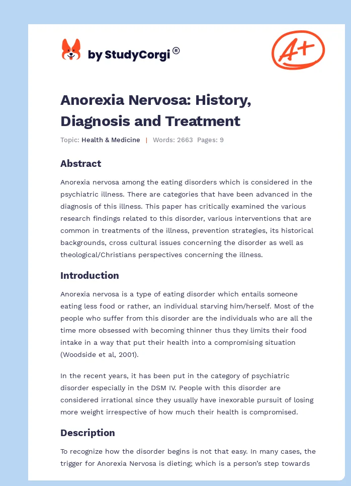 Anorexia Nervosa: History, Diagnosis and Treatment. Page 1