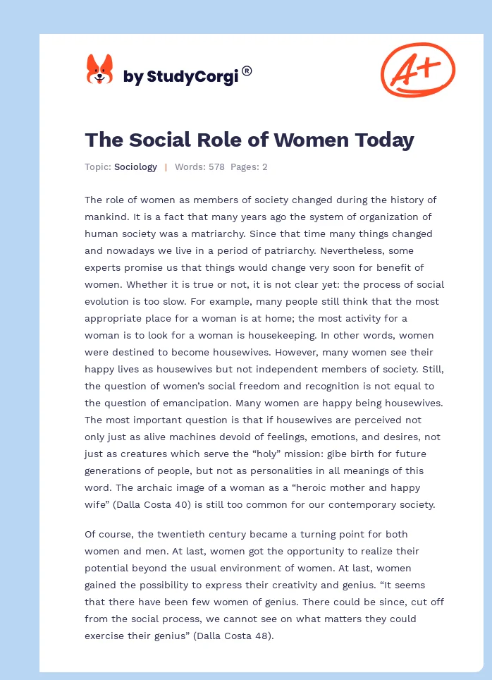The Social Role of Women Today. Page 1