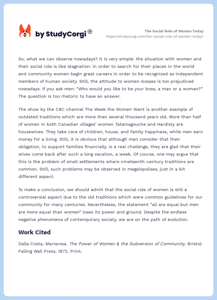 The Social Role of Women Today. Page 2