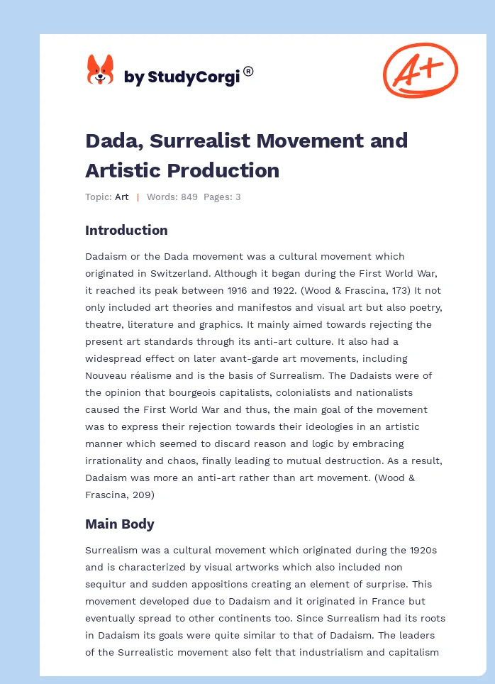 Dada, Surrealist Movement and Artistic Production. Page 1