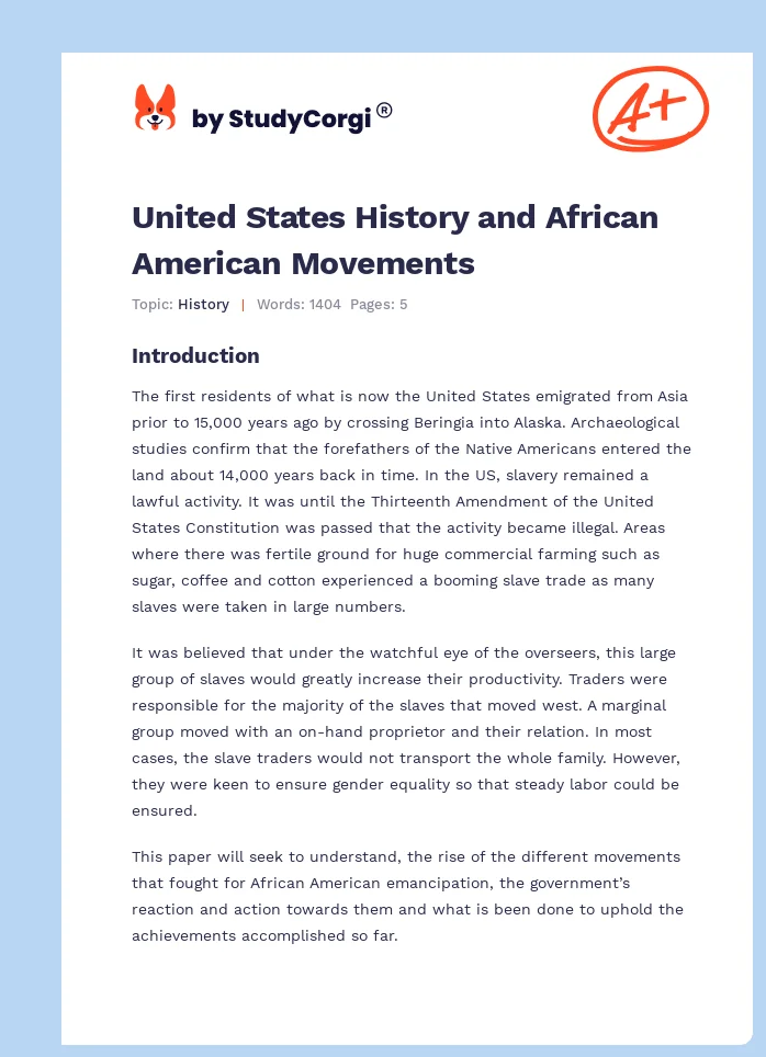 United States History and African American Movements. Page 1